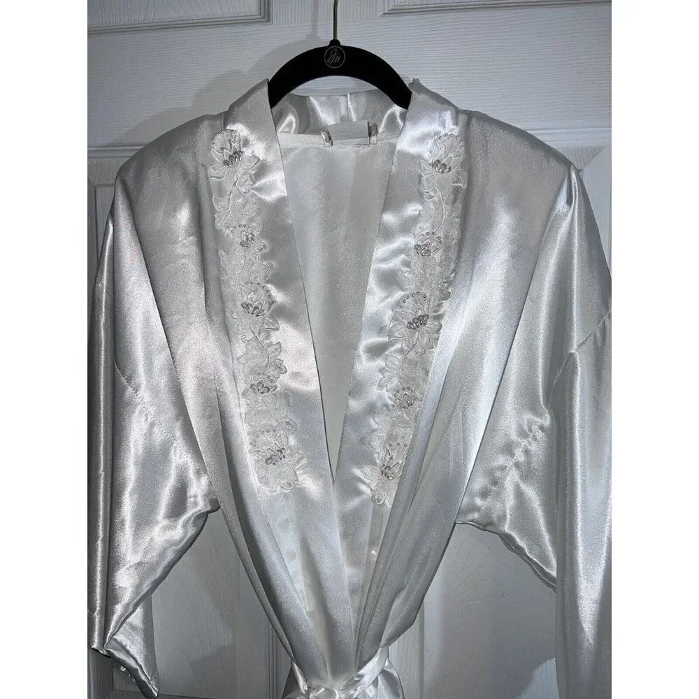 Vintage CALIFORNIA DINASTY White Satin Sexy Bridal Kimono Robe Embellished